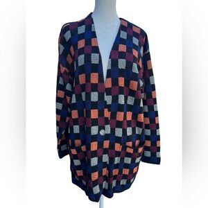 VTG FRENCH RAGS Oversized Colorful Checkered USA-Made Retro Cardigan Sweater